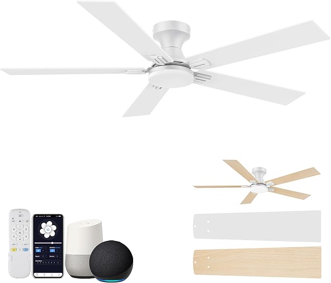52 Inch Ceiling Fans with Lights,Smart Low Profile Ceiling Fan with Light and Remote Control,Alexa,APP,White Flush Mount Ceiling Fans for Bedroom,Patio,Outdoor Indoor Use,Dimmable LED,6 Speed,Quiet