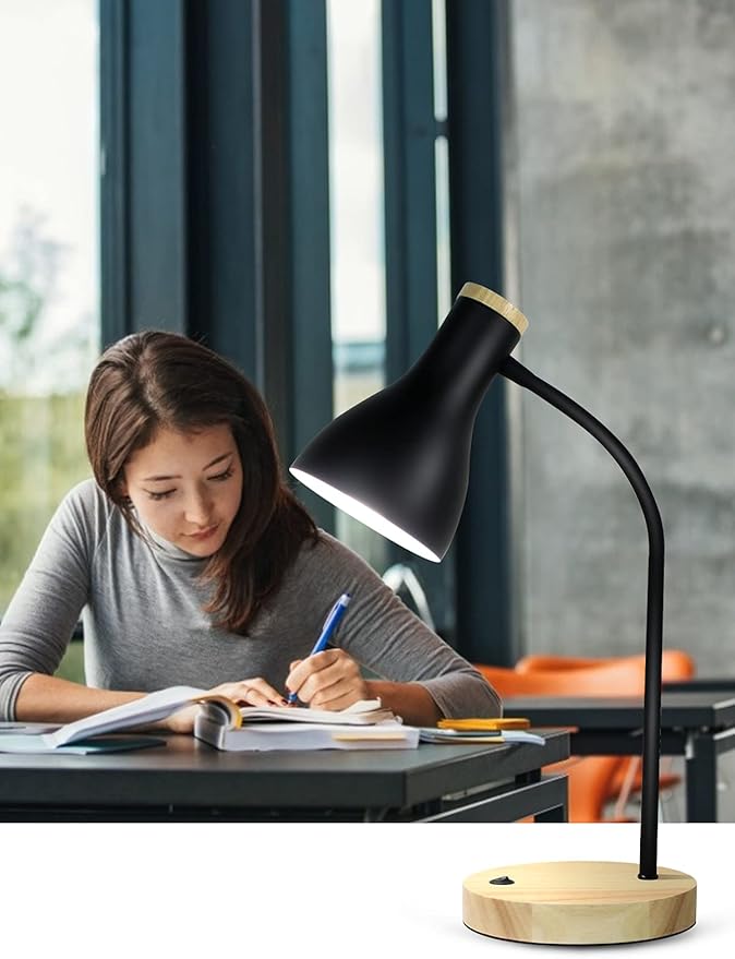 Metal Desk Lamp Table Lamp Reading Lights Arc Desk Lamps for Bedroom, Wood Base Bedside Lamp with Flexible Gooseneck for Study Room and Office (Wood Base+Black)