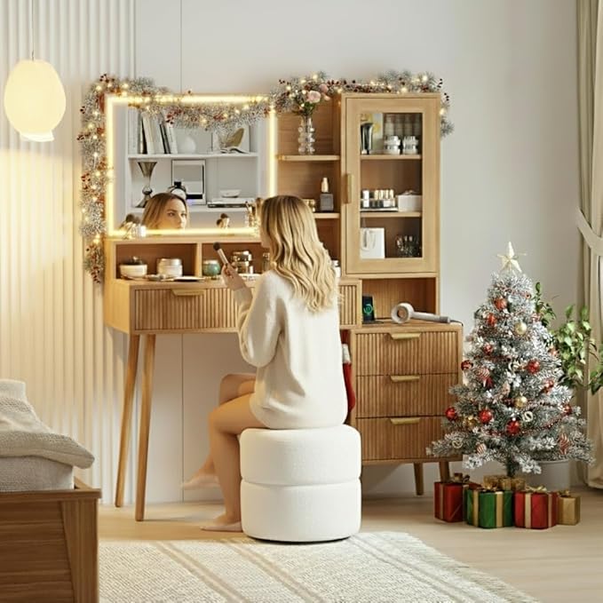 Fluted Vanity Desk with LED Lights Mirror & Power Outlet,Modern Glass Top Elegant Vanity Desk with 5 Drawers and Storage Shelf,Dressing Table for Bedroom Girls Women