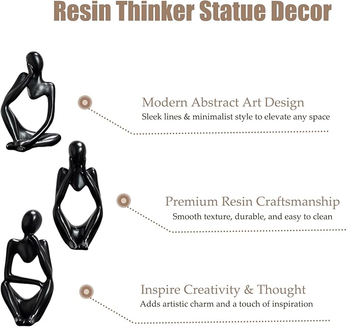 Mingzhang 3pcs Thinker Statue Abstract Art Thinker Figurines Black Home Decor for Living Room, Office, Coffee Table, Bookshelf Decoration, Housewarming Gifts