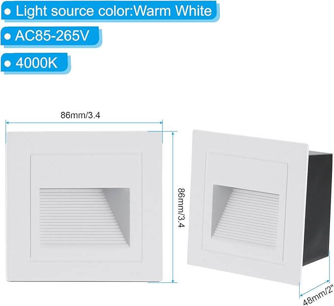 PATIKIL 4000K LED Step Light, 4 Pack 3W 120V Recessed Stair Light Aluminum Waterproof 105lm Warm White Stairway Lights Indoor Outdoor, White Shell