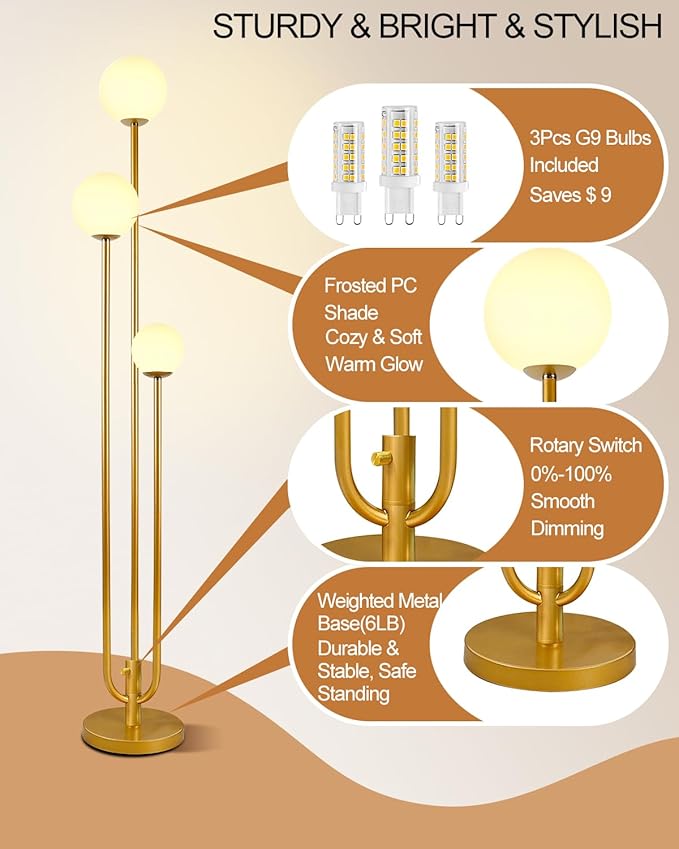 Lightdot 63IN Gold Floor Lamp Dimmable 3-Lights Globe LED Floor Lamps with 3000K Soft Warm White for Wedding/Party Candle Holder Style Tall Lamp for Living Room/Bedroom/Sofa Beside/Corner Decor