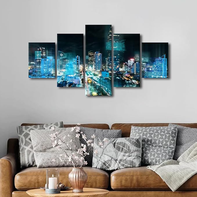 Smart City Wall Art Office Decoration 5 Panel Cityscape Poster Energy Digitalization Picture Printing Internet Workers Living Room and Bedroom Decoration Frame and Stretched Ready to Hang 60x32 Inch