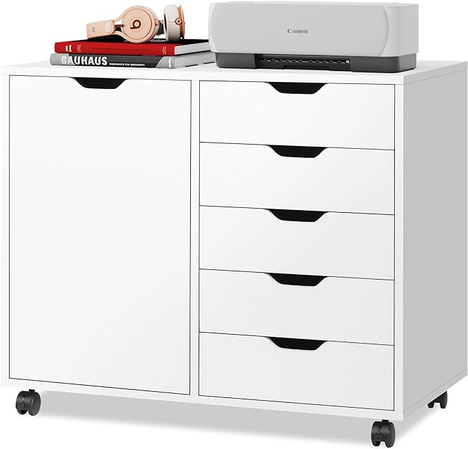 DEVAISE 5-Drawer Wood Dresser Chest with Door, Mobile Storage Cabinet, Printer Stand for Home Office
