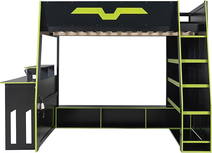 LUMISOL Full Size Wood Loft Bed with Desk and Multi-Storage Shelves, Gaming Loft Bed with RGB LED Lights and Adjustable Desk Placement, Space-Saving Game Bedframe with Under-Bed Storage, Green