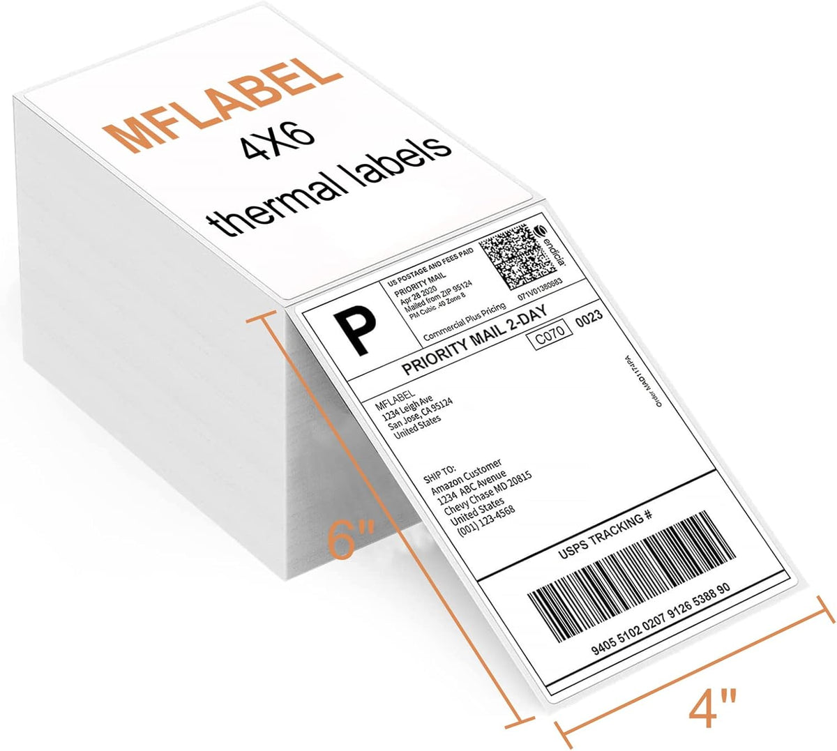 MFLABEL Fanfold 4" x 6" Direct Thermal Labels White Perforated Shipping Label,8 Stacks,Total 8000 Labels