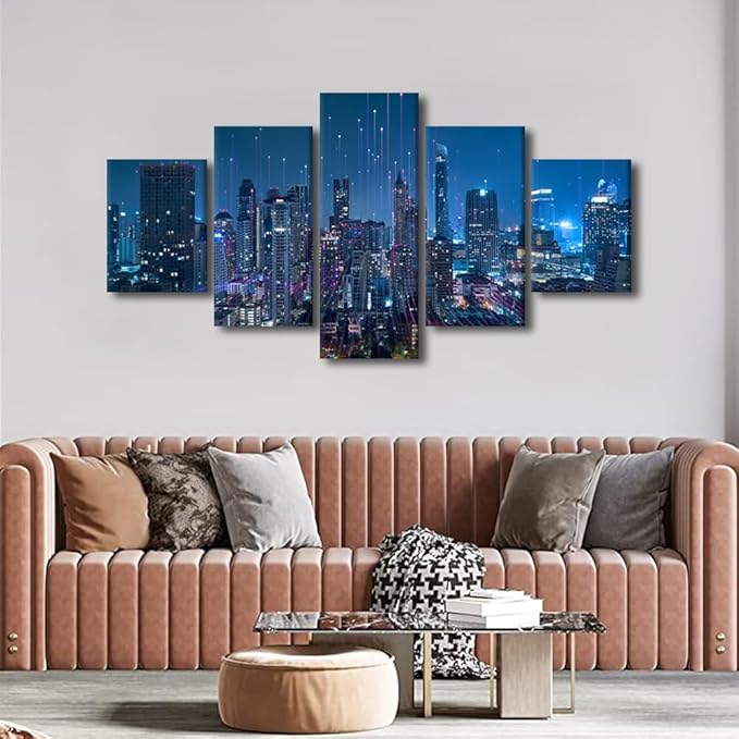 Native Americans Home Decoration 5 Panel Poster Printing Smart City And Digital Picture Futuristic Communication Printing Artwork Internet Companies Meeting Room Corridor Wall Art Decor 60x32 Inch