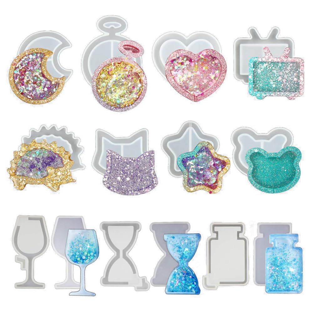 iSuperb 11Pcs Resin Shaker Mold DIY Quicksand Star Moon Cat Casting Epoxy Silicone Mold Heart Shaped Kawaii Resin Epoxy Jewelry Molds for Pendant Decoration Crafts