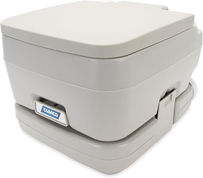Camco 2.6-Gallon Portable Toilet - Features Detachable Holding Tank w/Sealing Slide Valve & Bellow-Type Flush - Easy Transport w/Compact Lightweight Design & Carry Handle - Gray (41531)