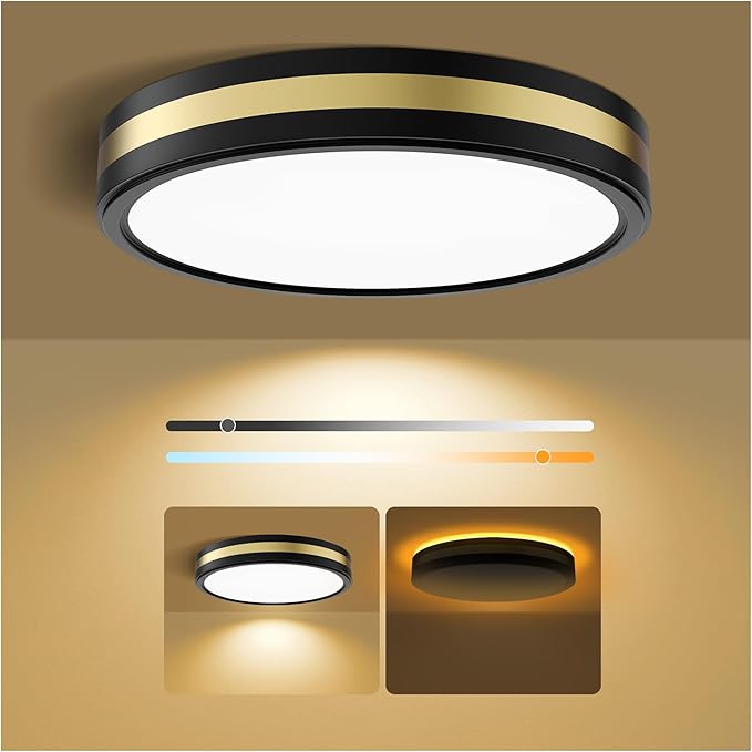 15 Inch Flush Mount Black Gold LED Ceiling Light with Night Light, 5CCT Modern, 35W 3500LM 2700K-6500K Adjustable, Dimmable for Bedroom Hallway, ETL