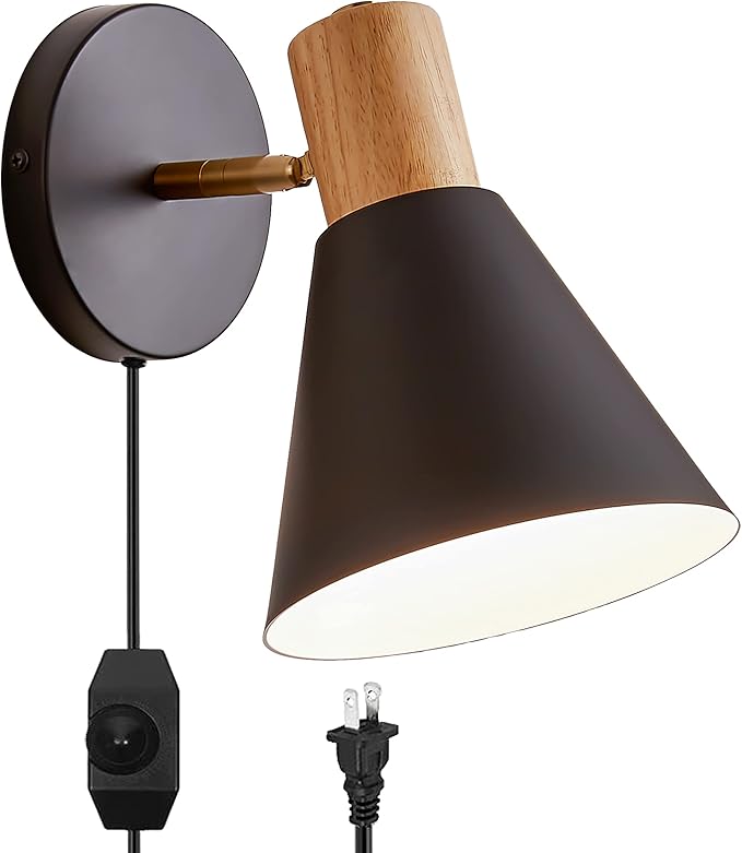 ClanKin Plug in Wall Sconces Lighting for Bedroom, Black Dimmable Wood Style Wall Sconce Reading Lamp, Adjustable Wall Light for Bedroom Hallway Living Room (Black-Plug in, 1)