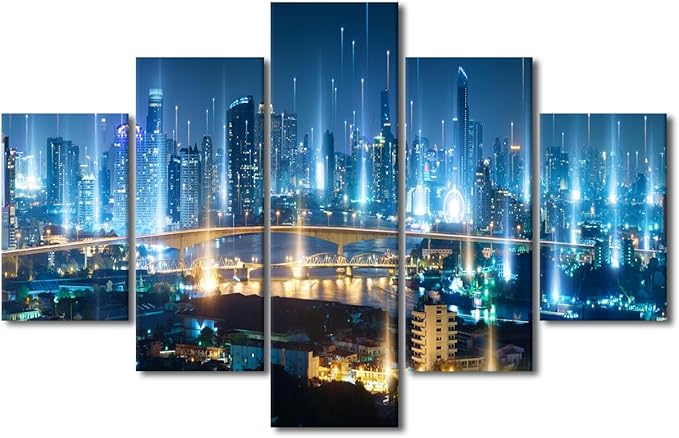Men Bedroom Wall Decoration Modern City Landscape Poster Communication Network Picture Printing 5 Panel Smart City and Digital Poster Internet Workers Office Decoration Frame Ready to Hang 60x40 Inch