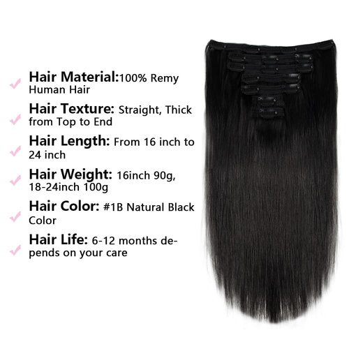 Liwihas Clip in Human Hair Extensions 100g 7pcs with 16 clips Silky Straight Clip in Hair Extensions for Women Double Weft Thick Remy Human Hair (#1B Natural Black 22 inch)