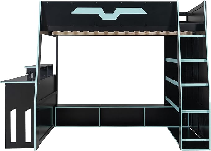 LUMISOL Full Size Wood Loft Bed with Desk and Multi-Storage Shelves, Gaming Loft Bed with RGB LED Lights and Adjustable Desk Placement, Space-Saving Game Bedframe with Under-Bed Storage, Cloud Blue
