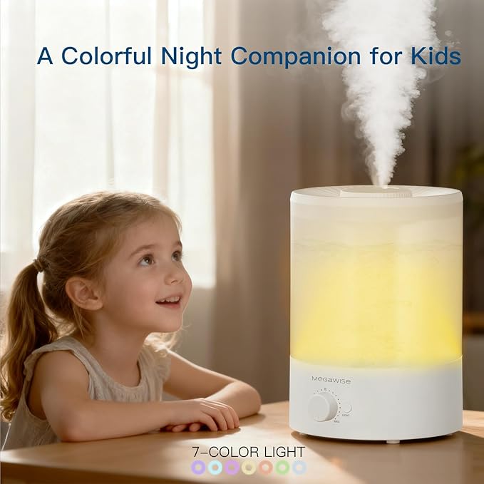 MegaWise Topfill 7-colour Night light humidifier for Kid bedroom with 3.5L Large Capacity, No leakage Design Fine Mist Output Auto Shutoff, Essential Oil Safe Tank