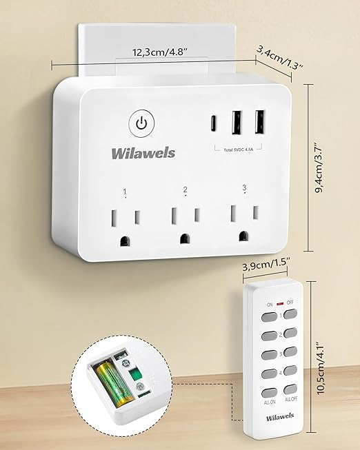 Remote Control Outlet, Multi-Plug Outlet with 3 Outlets and 3 USB Ports, No Interference Remote Outlet, Wireless Light Switch, 100FT RF Range, Programmable and Expandable, FCC Listed W03RC06