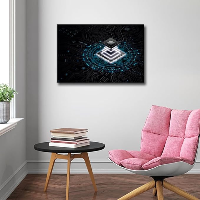TUMOVO Internet Concept Wall Art CPU Pictures Print On Canvas Digital Age Modern Artwork Wall Art for Living Room Office Giclee Gallery Wrapped Posters and Prints Framed Ready to Hang, 24x16in