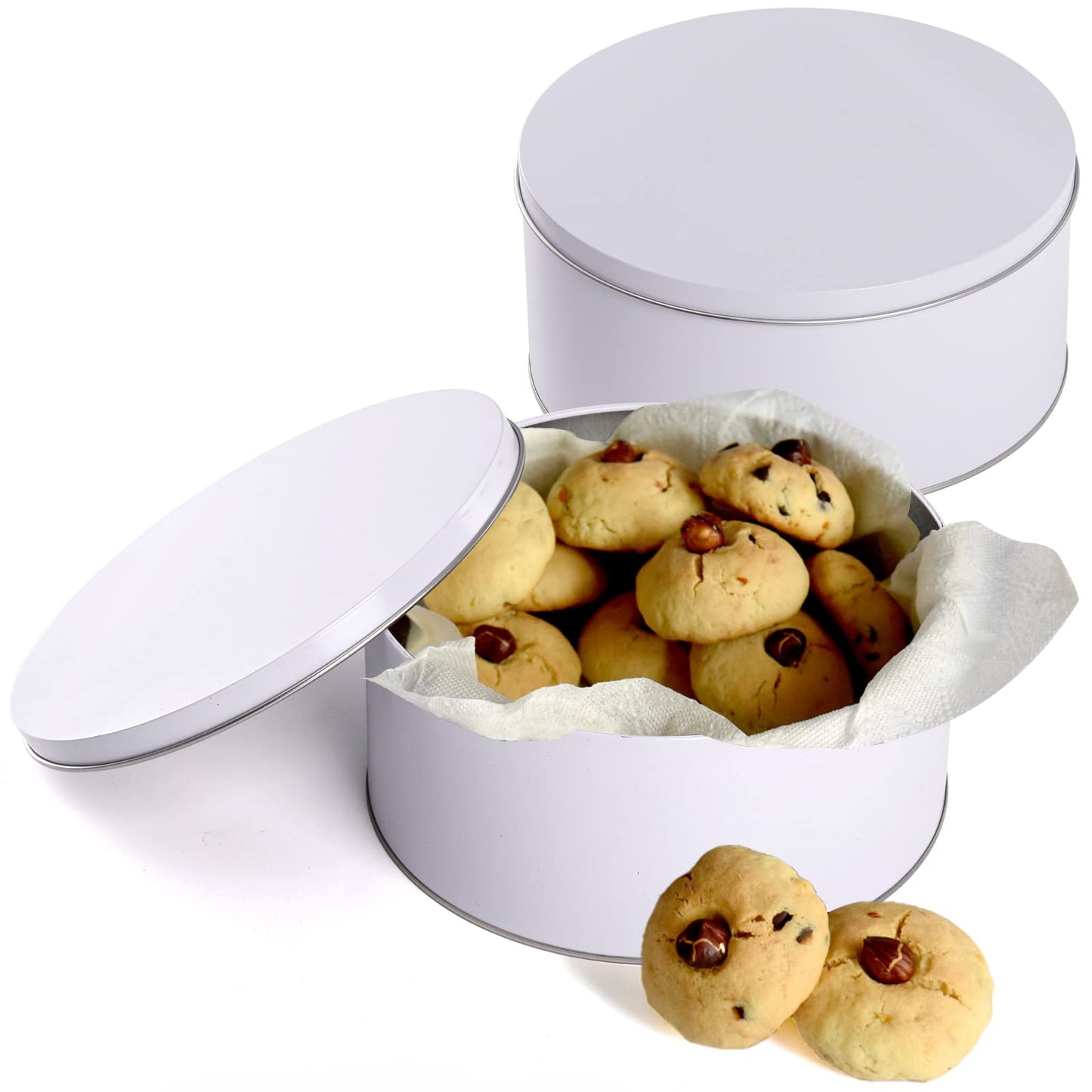 Yopay 3 Pack Cookie Tin with Lid, Round Sturdy Gift Tin, White Baking Cake Container for Storing Patisseries, Snack, Chocolate, Easter, Special Occasion, Holidays, 7" Wide by 3.2"" Tall"
