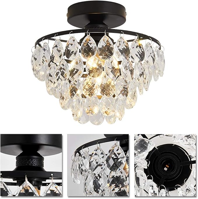 YYJLX Modern Small Crystal Ceiling Light Fixture Mini Black Semi Flush Mount Chandelier Light Fixture for Hallway Bedroom Bathroom Closet e26