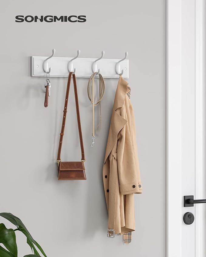 SONGMICS Wall-Mounted Coat Rack, Hook Rack, 4 Dual Metal Hooks, for Coats, Bags, Keys, in the Entryway, Bedroom, Living Room, White ULHR23WT