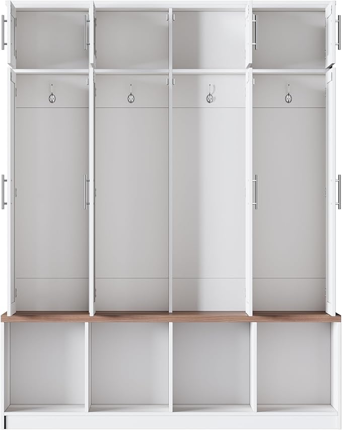 Hall Tree with Entryway Bench and Shoe Storage Compartments, Particle Board Multi-Functional Cabinet with 4 Hanging Hooks, White