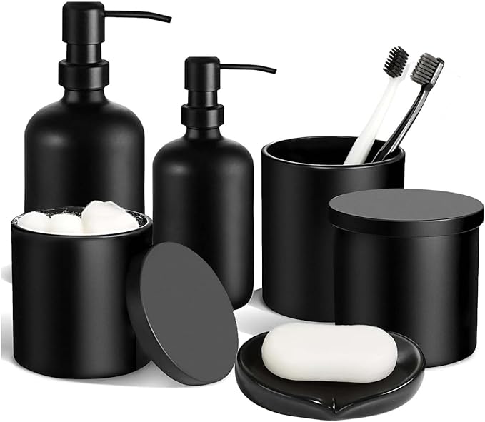 6PC Matte Black Bathroom Accessories Set with Glass Soap Dispenser | Modern Bathroom Organizer & Decor Set incl. Toothbrush, Qtip Holder