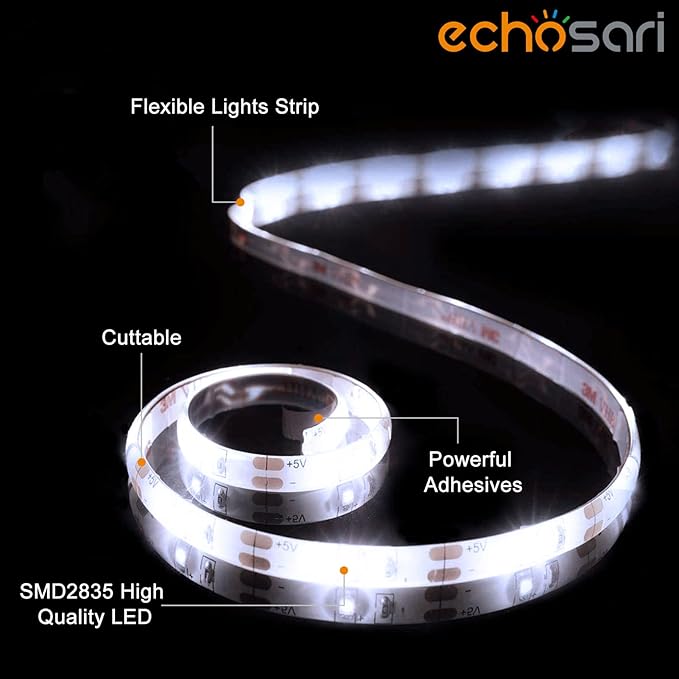 echosari Battery Operated Led Strip Lights White with Remote, 8 Modes, Dimmable, Timer, Self-Adhesive, Cuttable, for PC TV Kitchen Cabinet Shelves Bedroom Decor (3m 90LED)