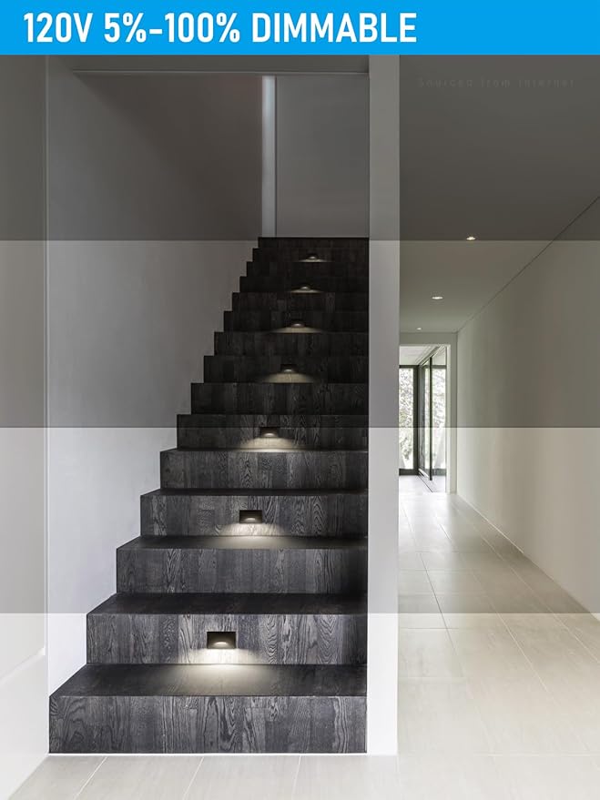 LEONLITE 12-Pack Black 5CCT 120V LED Step Lights, 150LM 5%-100% Dimmable Stair Lights Indoor Outdoor IP65 Waterproof, Aluminum Anti-Glare Shell, CRI90 ETL 2700K/3000K/3500K/4000K/5000K