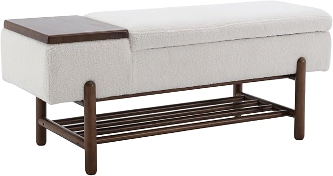 EALSON Modern Storage Bench for Bedroom End of Bed Sherpa Upholstered Ottoman Bench with Storage and Wood Shoe Rack Farmhouse Long Seating Bench for Entryway/Hallway/Closet, Beige