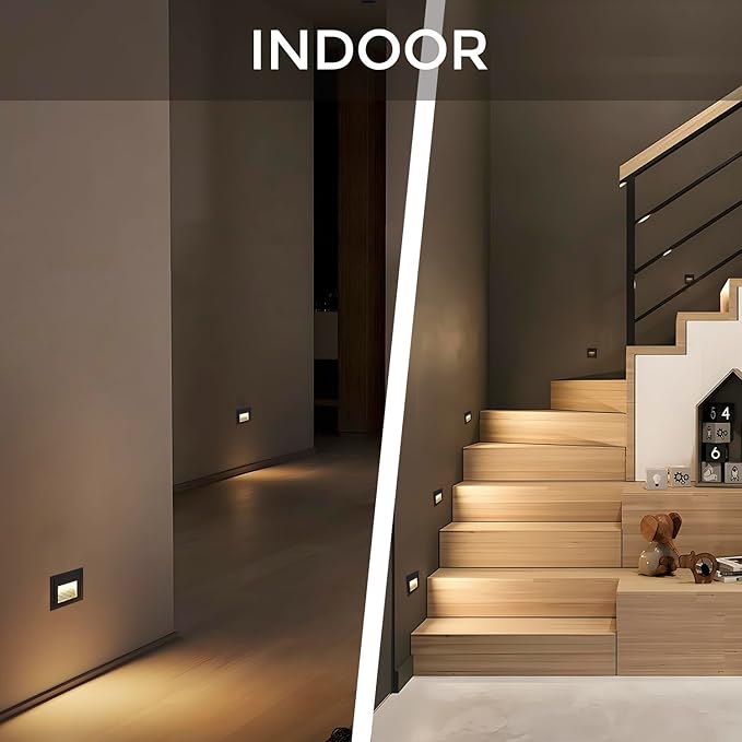 120V Indoor Outdoor Step Lights, LED Stair Lights Indoor Warm White 3000K, Waterproof Recessed Wall Lights for Deck, Stair, Bedroom, Kitchen, Balcony, Aluminum, 4Pack