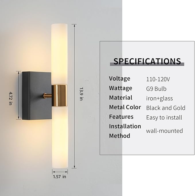 Wall Sconces Set of Two Black and Brass Wall Lights with White Frosted Glass Shade Modern Wall Lamp for Bathroom Living Room Indoor Vanity Up and Down Sconces Wall Lighting for Hallway