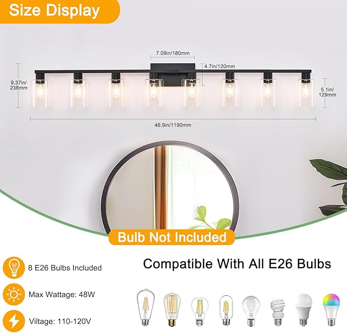 8-Light Black Vanity Light Fixtures,Vanity Lights Clear Glass ShadeRust and Moisture Resistant Easy to Install Vanity Lights for Bathroom Light Over Mirror