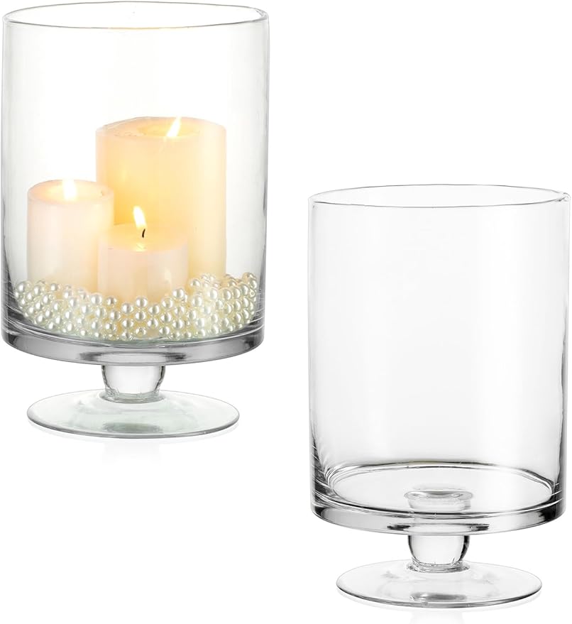 Nuptio 2 Pcs Glass Flower Vase - Large Pillar Candle Holder, 8.7in Tall Glass Cylinder Candle Holder Hurricane Ornament for Wedding Party Dining Table Home Centerpieces Housewarming Gift