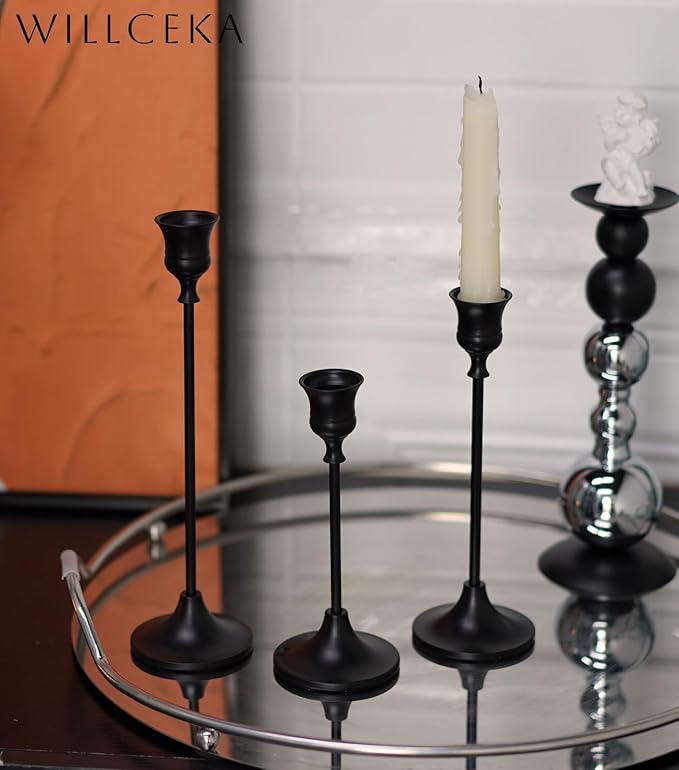 Black Candlestick Holders, Taper Candle Holders, Set of 6 Matte Black Candle Holder Set, Vintage Table Centerpiece for Wedding Christmas Holiday