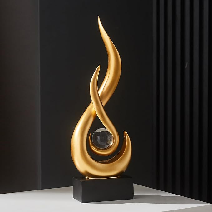 Gold Flame Statue Decor for Living Room, 13.7" H Modern Minimalist Sculptures Home Decorations for Dining Room, Abstract Art Sculpture for Shelf Coffee Table Centerpiece