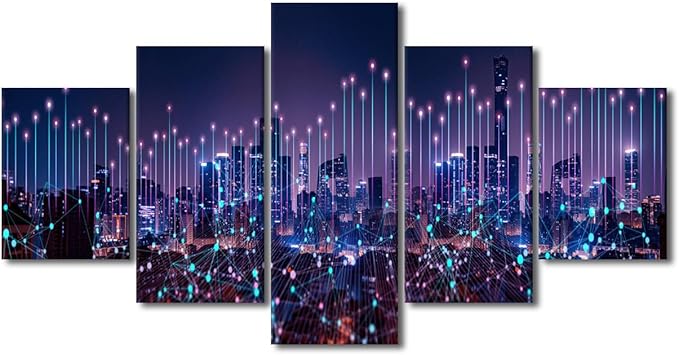 5 Panel Home Wall Art Decor Communication Network Picture Abstract Point City Poster 5 Panel Network City Poster Internet Workers Living Room Corridor Decor Native Americans Canvas Art 60x32 Inch