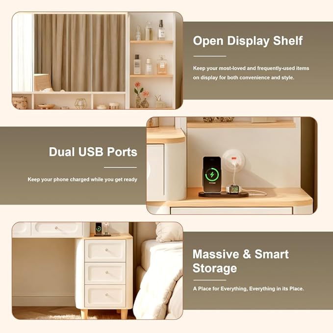 Vanity Desk with Mirror and Lights,Makeup Vanity with 2 USB Power Strip,Vanity Set with Two Drawers and Three-drawer Chest, 3 Lighting Modes Adjustable Brightness, Foldable Three-sided Mirror(White)