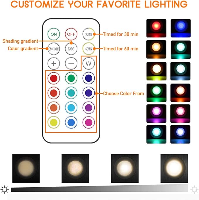LED Puck Lights with Wireless Remote, 13 Colors RGB Dimmable Under Cabinet Lights, Battery Powered Color Changing Lights, Party Atmosphere Light for Kitchen Closet Counter, 3 Pack