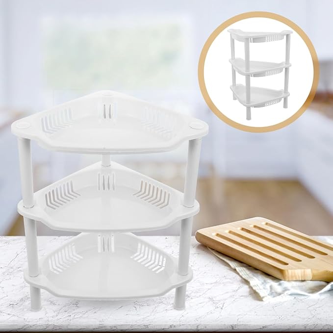 PRETYZOOM 3 Tier Small Corner Shelf, 8x10x13 Inches, Space-Saving Corner Shelf for Kitchen, Bathroom Rustproof Organizer Rack for Shower Bottles, Plastic, No-Tool Assembly