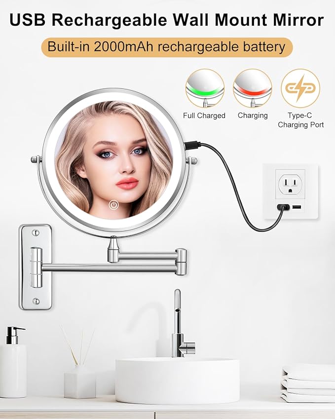 DECLUTTR Rechargeable Wall Mounted Makeup Mirror, 8 Inch 1X/10X Magnifying Mirror with 3 Color Lights, Dimmable LED Lighted Makeup Mirror with Double Sided