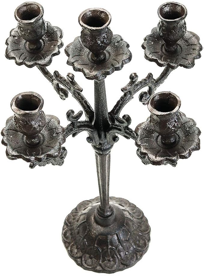 Sungmor Heavy Duty Cast Iron Candlestick Holders - Handcrafted Vintage Candelabra - 17Inch Tall & 5 Arms Candle Holders - Decorative Pillar Candle Stand for Christmas Birthday Wedding Home Party