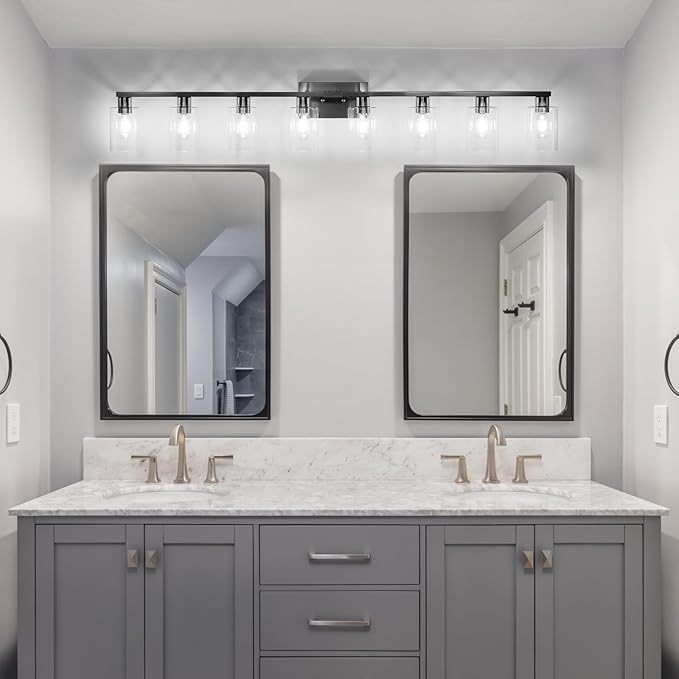 8-Light Brushed Nickel Vanity Light Fixtures,Modern Large Bathroom Light Fixtures Wiht Clear Glass ShadeRust and Moisture Resistant Easy to Install Vanity Lights for bathroom lights over mirror
