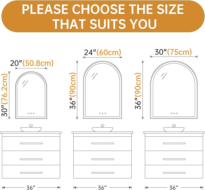 Arched Backlit Mirror Bathroom 24"x36"- Frameless LED Bathroom Mirror with Lights, Fogless, Dimmable, 3 Color Changing, Shatterproof, Touch Sensor