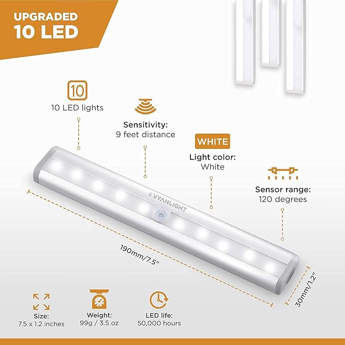 VYANLIGHT Under Cabinet Lighting – Motion Sensor Closet Lights, Battery Operated LED Strip Light Bar, Stick-On Wireless Indoor Lights for Kitchen, Pantry, Hallway, Stairs, 4 Pack