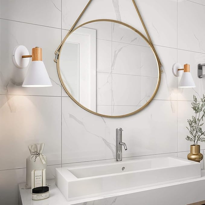 ClanKin Plug in Wall Sconces Lighting Set of 2 for Bedroom, White Dimmable Wood Style Wall Sconce Reading Lamp, Adjustable Wall Light for Bedroom Hallway Living Room (White-Plug in, 2)