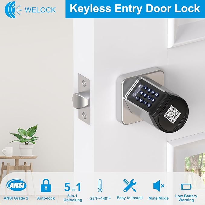 WELOCK 5-in-1 Smart Door Lock,Keyless Entry Lock for Front Door, Password Keypad + Bluetooth App + Cards +Key