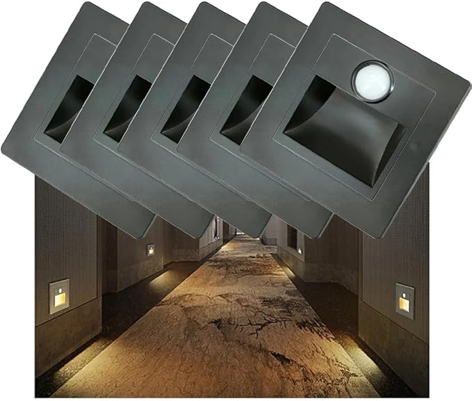 5Pcs Recessed LED Stair Light 3W 3000K Step Light Motion Sensor Night Lighting Wall Light Staircase Lamp Inside Staircase Bedroom Decoration Black