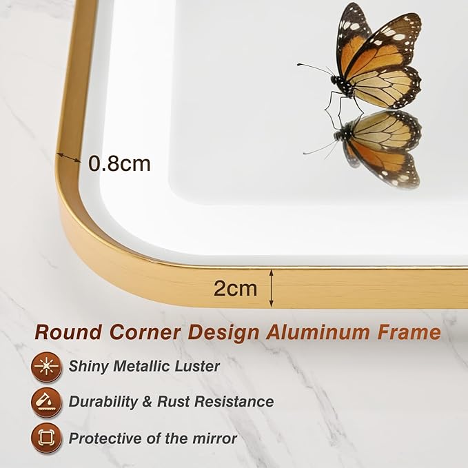 28x40 Inch Gold Framed LED Bathroom Mirror with Lights, Built-in Bluetooth Speaker,Tempered Glass,Dimmable Lighted Bathroom Vanity Mirror with 3 Colors, Backlit + Frontlit, Memory, Anti-Fog