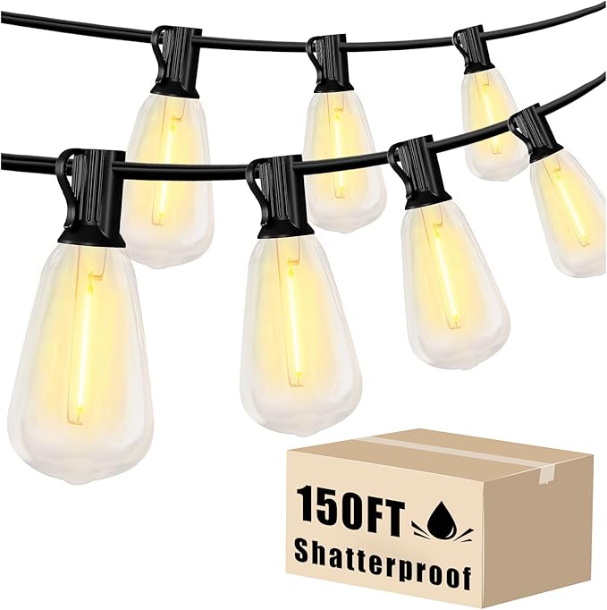DAYBETTER 150FT Outdoor String Lights Waterproof 75 pcs Warm White LED Bulbs 2700K for Patio, Yard, Garden & Holiday Decor Durable Weatherproof Lights for Parties, Weddings, Backyard Lighting