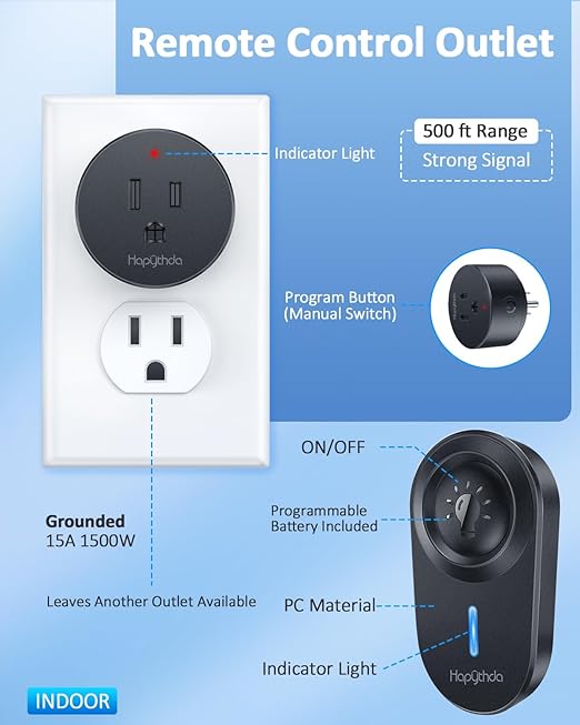 [2 Pack] HAPYTHDA Wireless Remote Control Outlet Plug, No Wiring Needed Remote Light Switches Kit, 500 Feet RF Range 15A/1500W Electrical Remote Outlet for Light, Small Electrical Appliance, Black